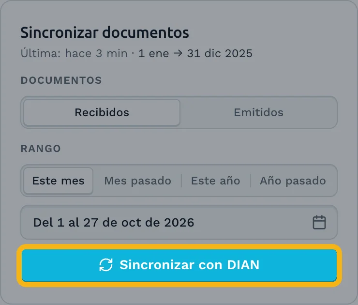 Tarjeta Sincronizar documentos con el botón Sincronizar con DIAN resaltado