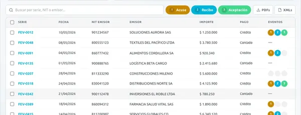 Demo de SisteAcuse: tabla de facturas recibidas con los botones Acuse, Recibo y Aceptación para procesar en lote y el estado de los eventos de cada factura