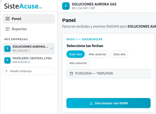 Demo de SisteAcuse: barra lateral con la empresa activa marcada, botón Añadir empresa y paso 1 para elegir el rango de fechas y sincronizar con la DIAN