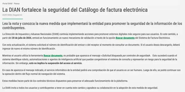 Comunicado de la DIAN del 23 de julio de 2026 que anuncia que, desde el 28 de julio, Buscar documento pide el número de identificación del emisor o del receptor