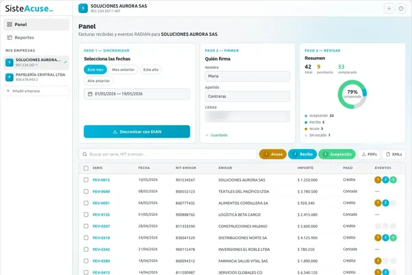 Demo de SisteAcuse con datos de ejemplo: botón Sincronizar con DIAN, tabla de facturas recibidas con el estado de los eventos RADIAN y botones para descargar PDF y XML