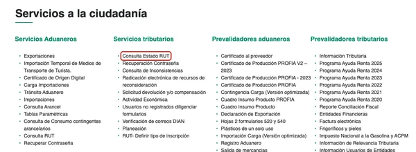 Sección Servicios a la ciudadanía del portal de la DIAN con el enlace Consulta Estado RUT resaltado en la columna Servicios tributarios