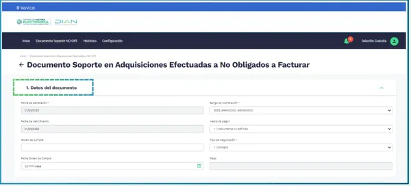 Formulario de la solución gratuita de la DIAN para el documento soporte, sección Datos del documento con fecha de generación y rango de numeración