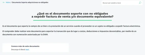 Micrositio de factura electrónica de la DIAN con la definición del documento soporte en adquisiciones con no obligados a facturar
