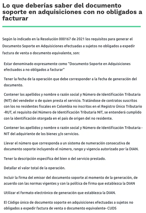 Lista de requisitos del documento soporte en adquisiciones con no obligados a facturar publicada por la DIAN, incluido el CUDS