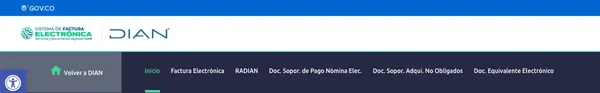 Menú del micrositio de factura electrónica de la DIAN con las secciones Factura Electrónica, RADIAN, documento soporte de pago de nómina, documento soporte en adquisiciones a no obligados y documento equivalente