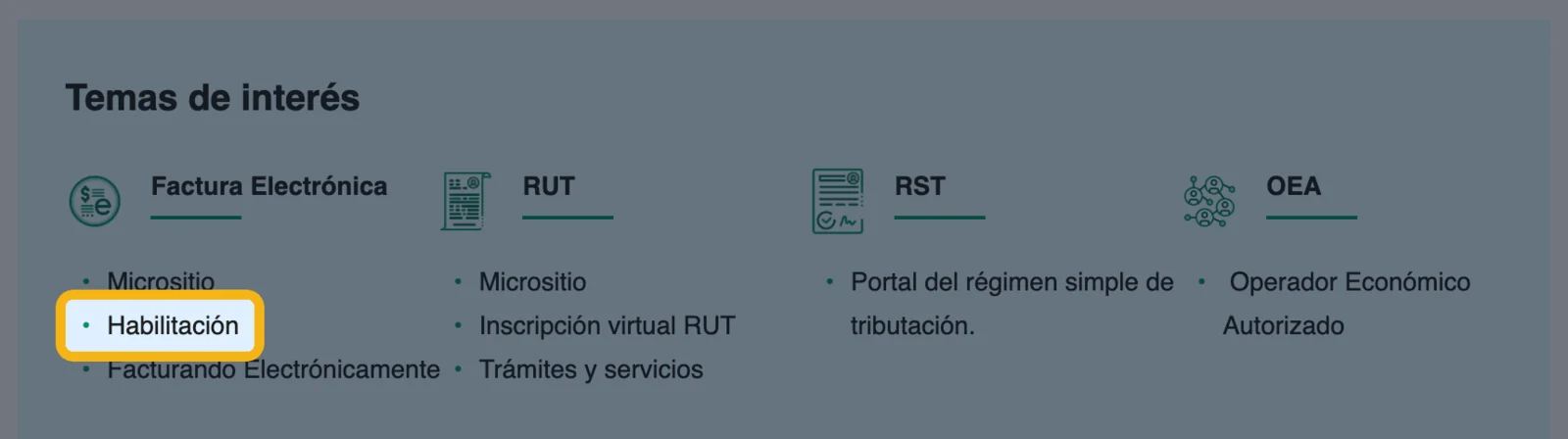 Temas de interés de la DIAN con el enlace Habilitación resaltado