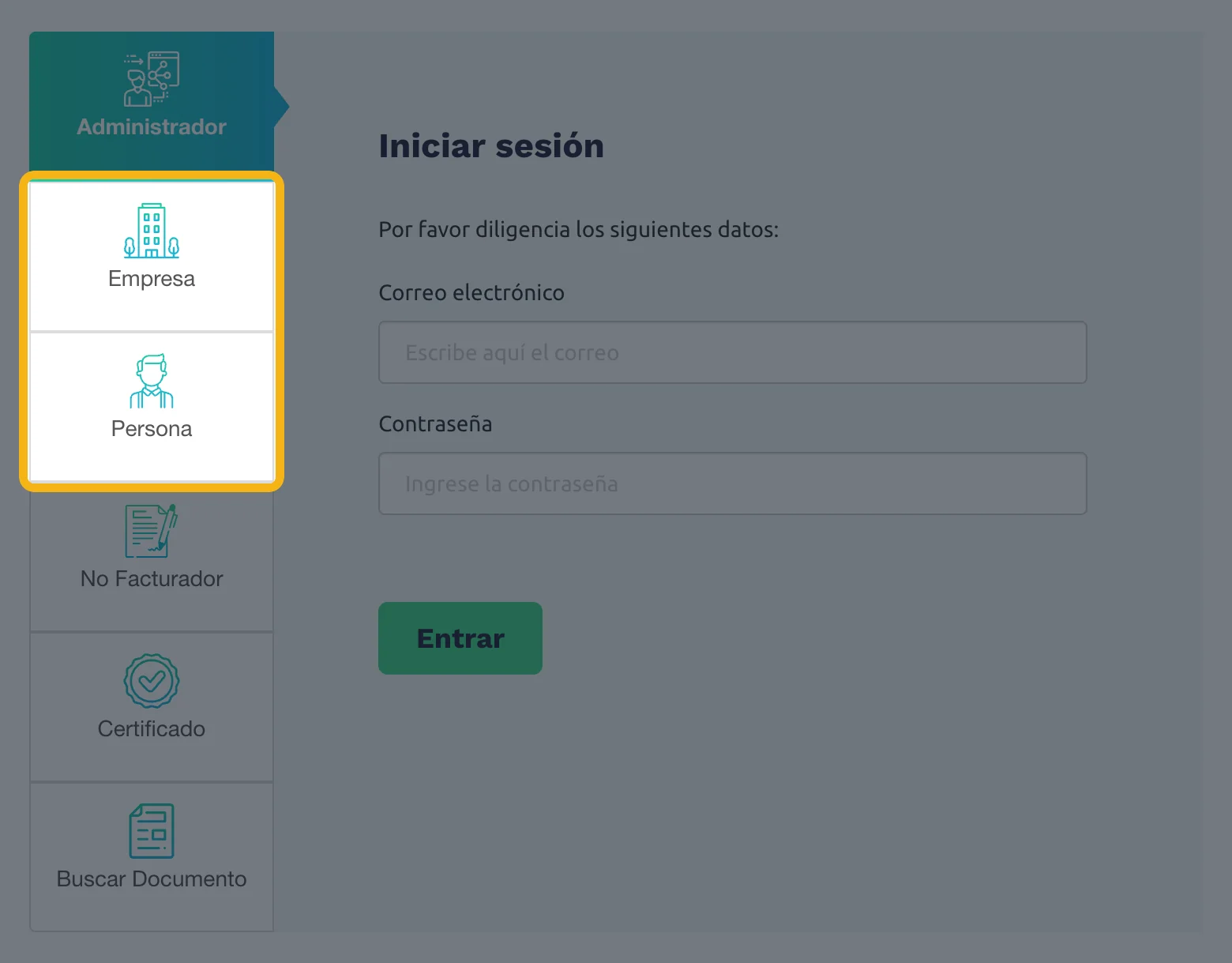 Iniciar sesión de la DIAN con las opciones Empresa y Persona resaltadas