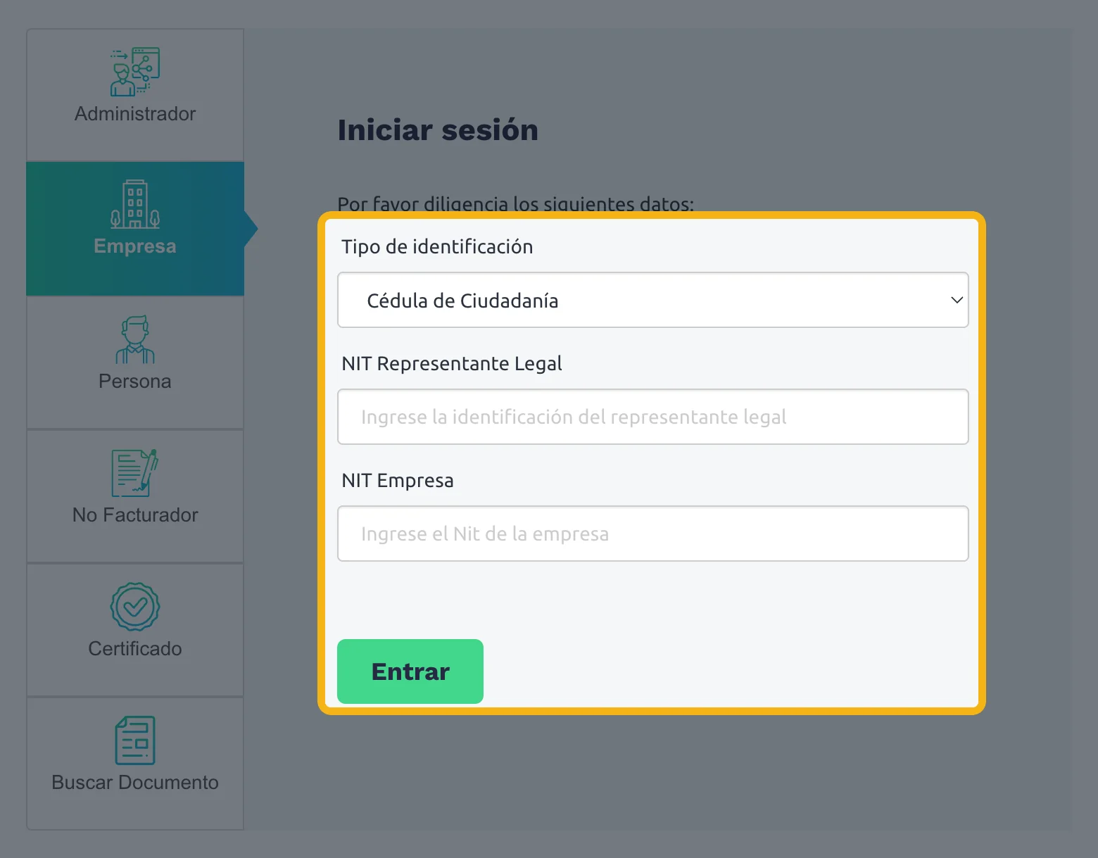 Ingreso del representante legal: tipo de identificación, cédula, NIT y botón Entrar