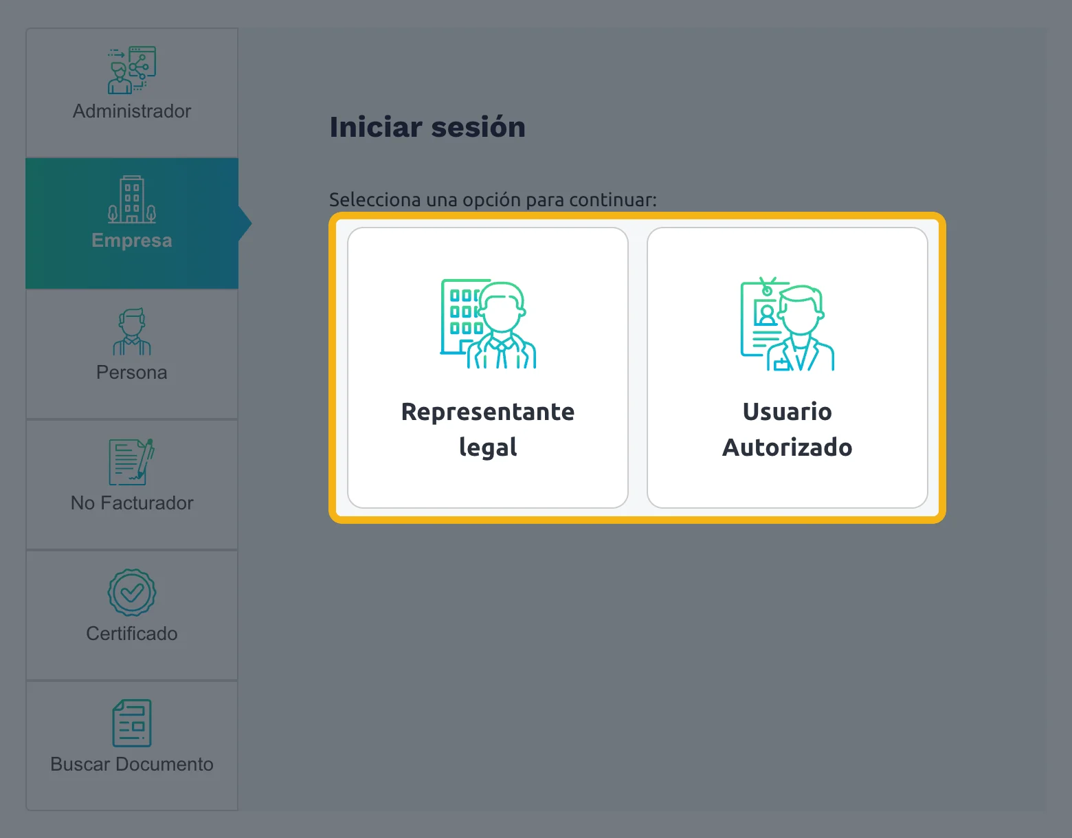 Ingreso como Empresa: opciones Representante legal y Usuario autorizado