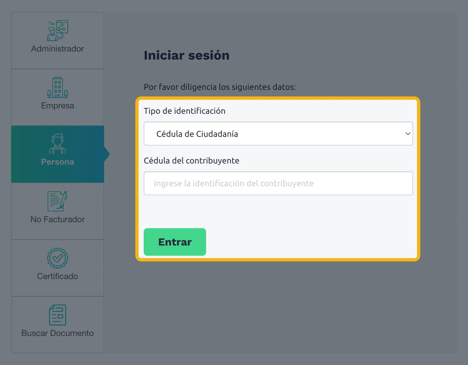 Ingreso como Persona: tipo de identificación, cédula y botón Entrar