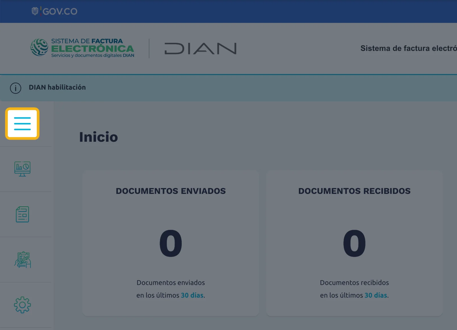 Inicio de la DIAN con el botón del menú resaltado