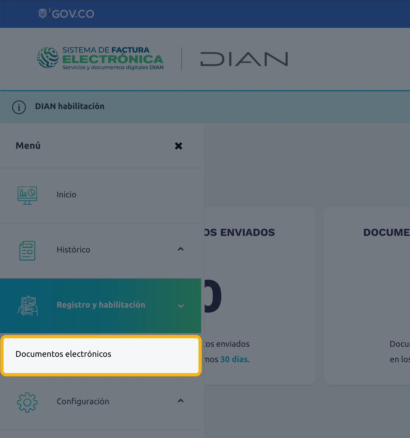 Menú con Registro y habilitación abierto y Documentos electrónicos resaltado