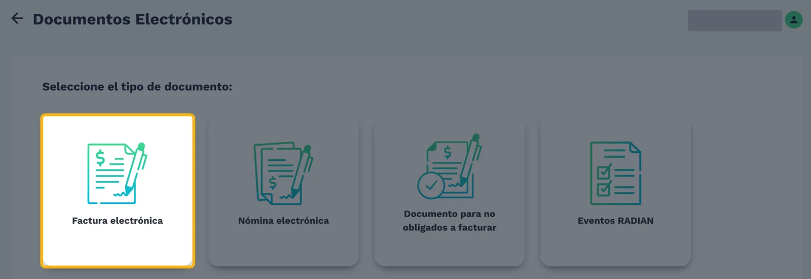 Tipos de documento electrónico con Factura electrónica resaltada