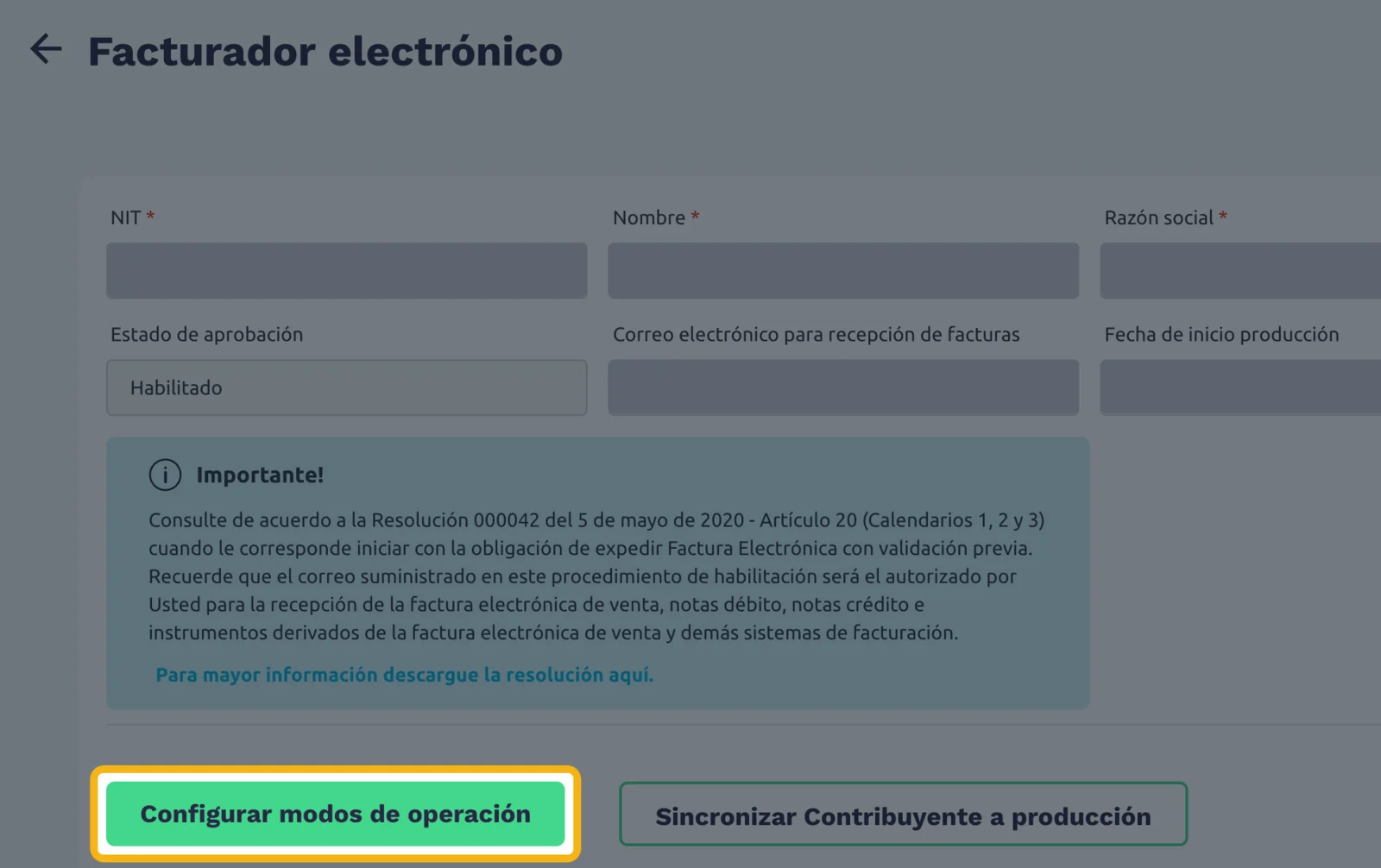 Facturador electrónico con el botón Configurar modos de operación resaltado