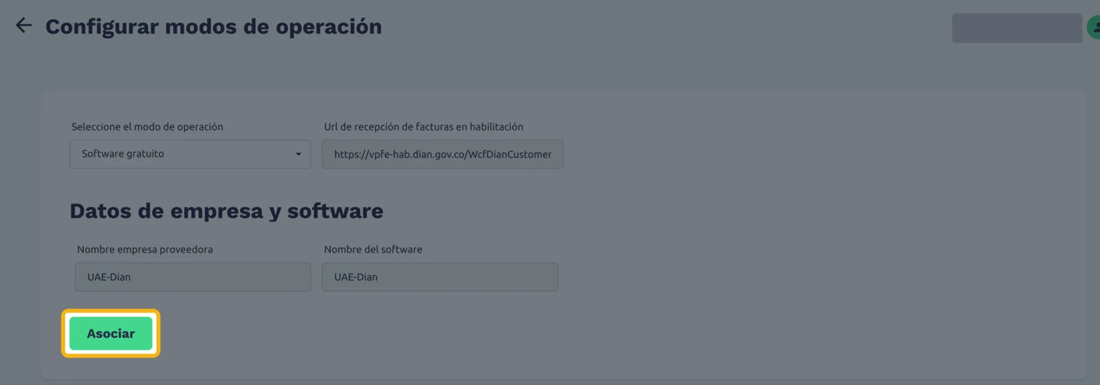 Configurar modos de operación con Software gratuito elegido y el botón Asociar resaltado
