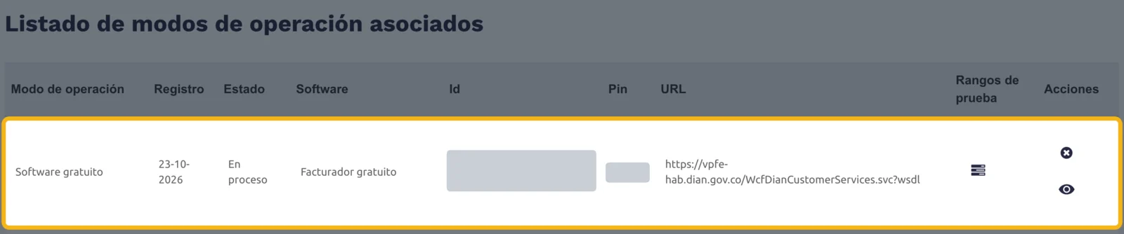 Listado de modos de operación con la fila Software gratuito en proceso resaltada