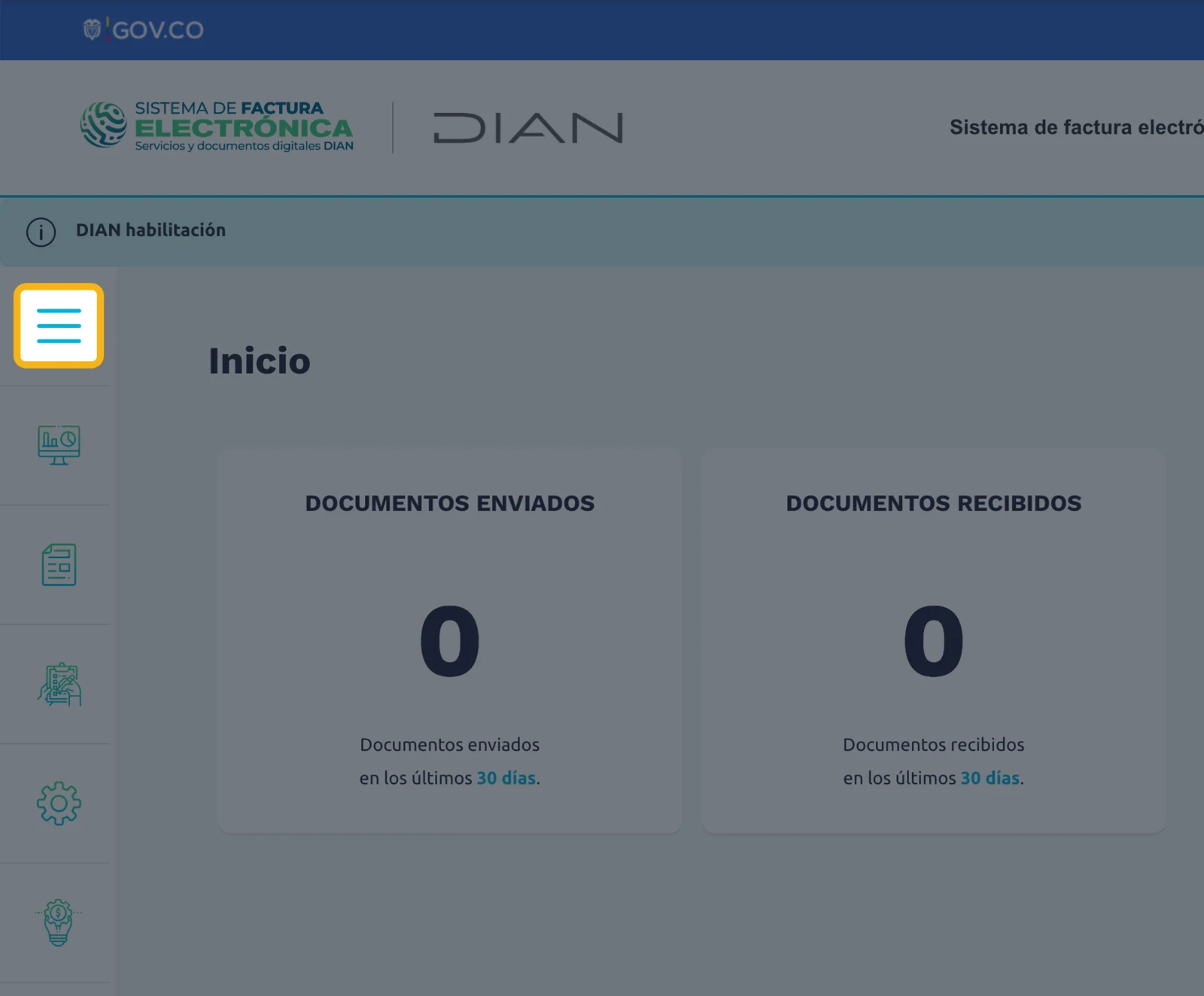 Inicio de la DIAN otra vez, con el botón del menú resaltado y un ícono nuevo al final