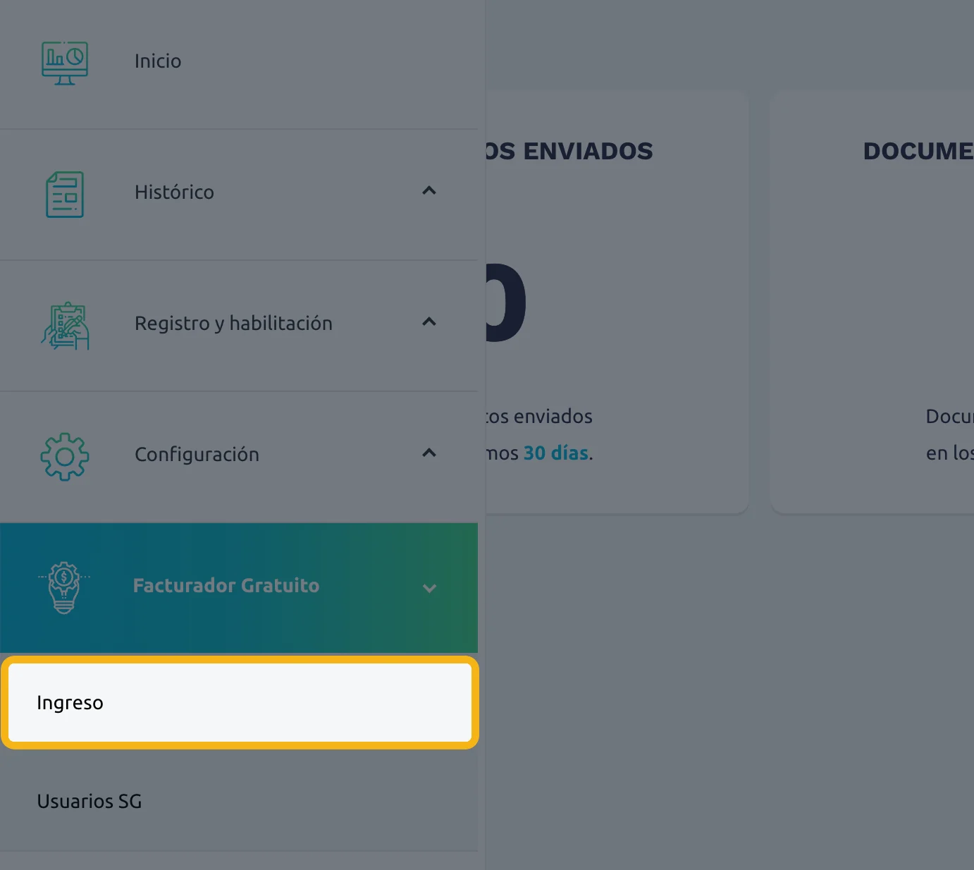 Menú con Facturador Gratuito abierto y la opción Ingreso resaltada