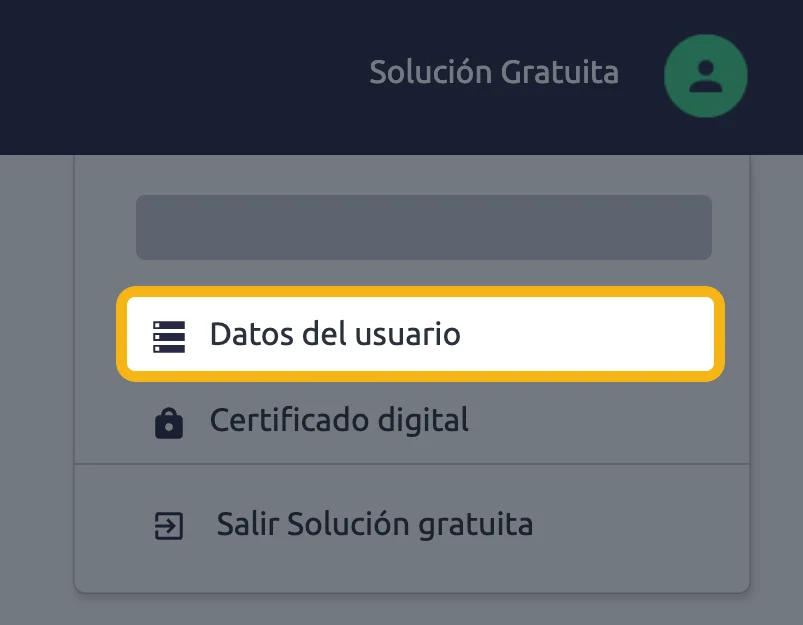 Menú Solución Gratuita con Datos del usuario resaltado
