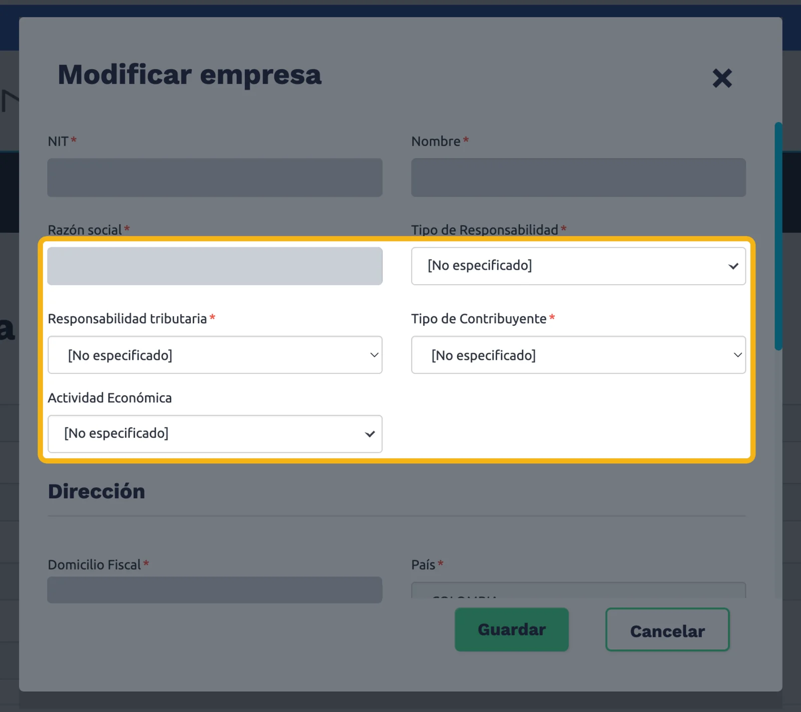 Modificar empresa con los cuatro campos en No especificado resaltados
