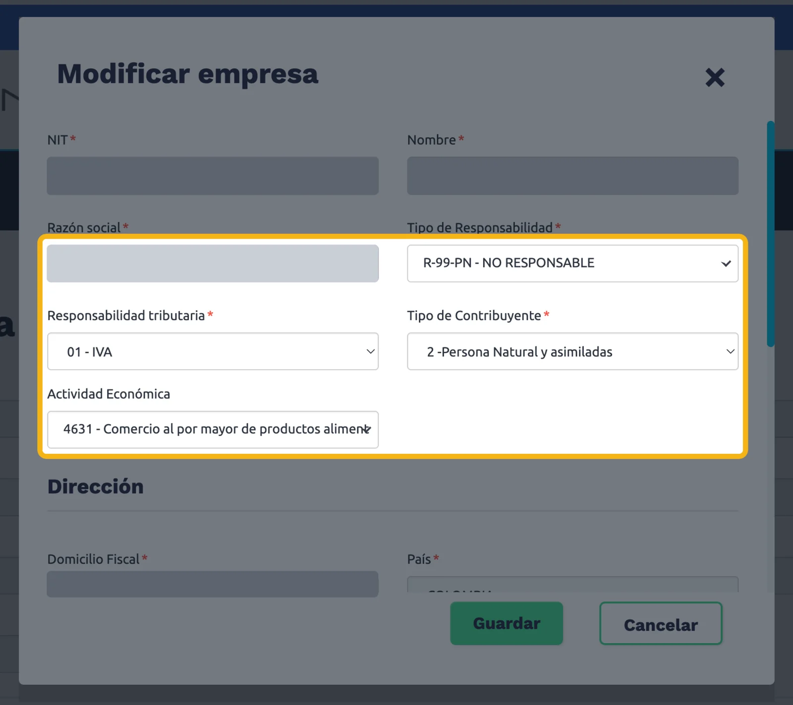 Modificar empresa con los cuatro campos tributarios diligenciados