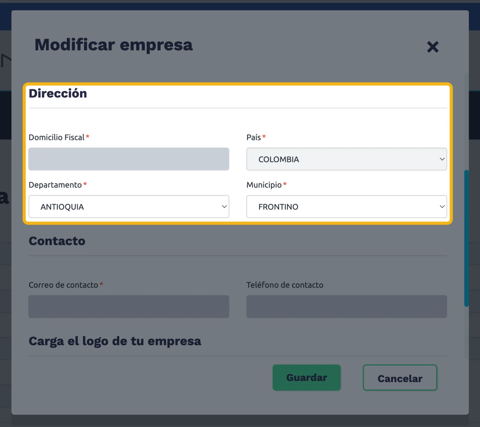 Mitad del formulario Modificar empresa con la sección Dirección resaltada