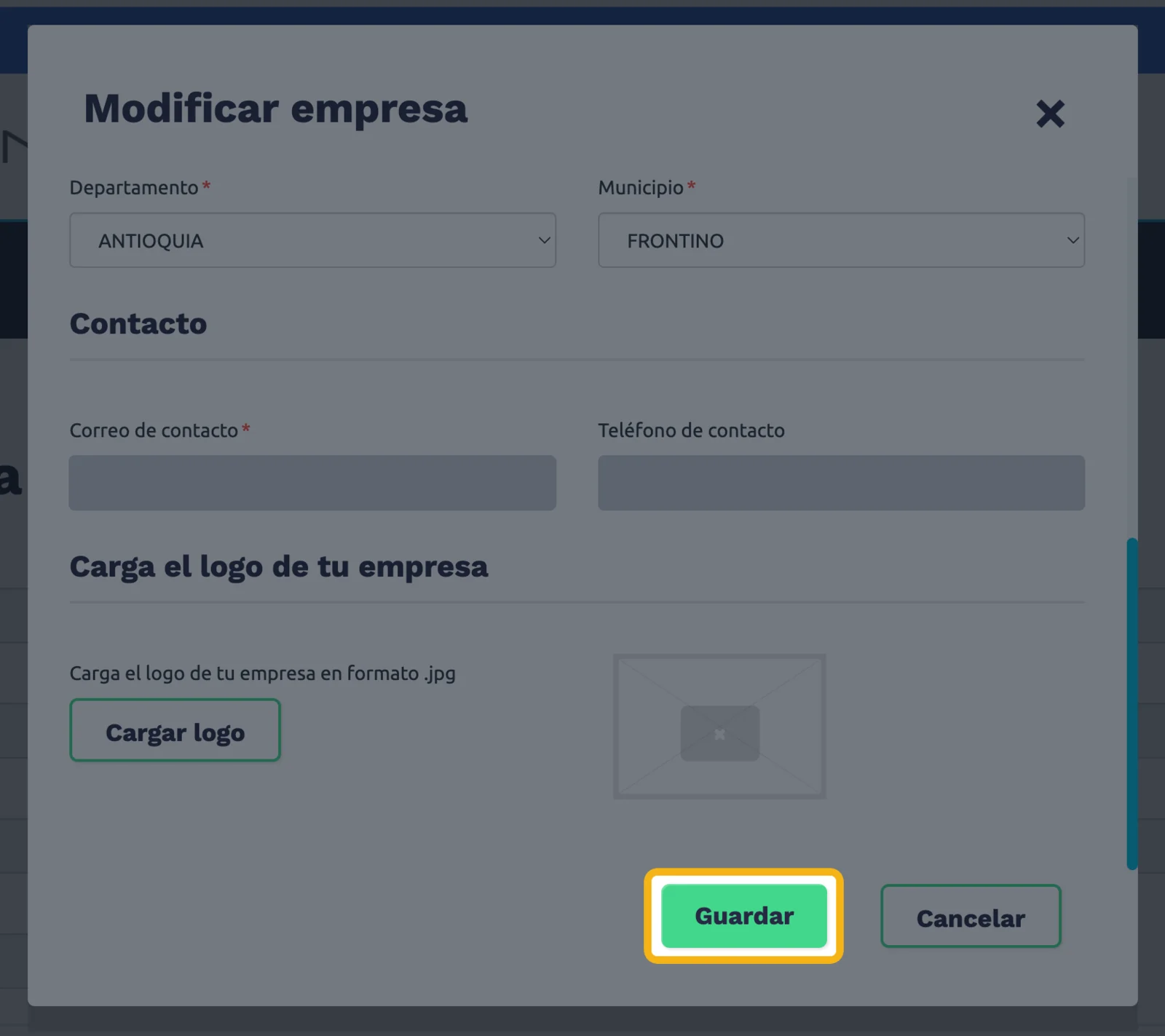Final del formulario Modificar empresa con el botón Guardar resaltado