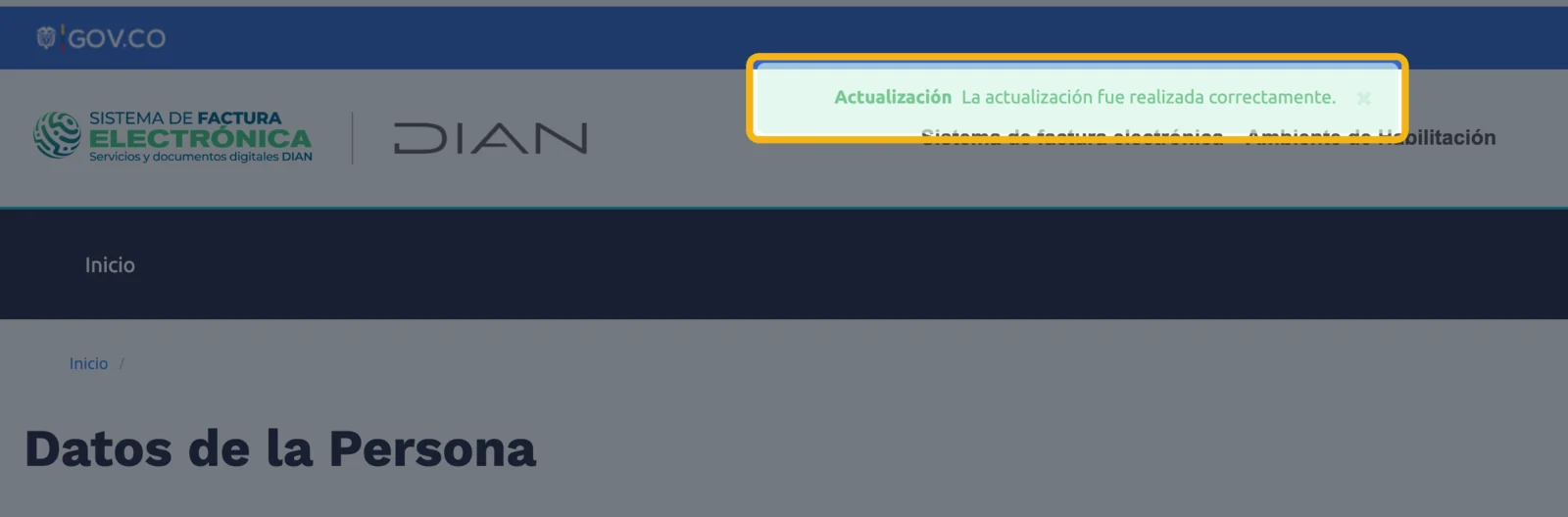 Aviso verde: la actualización fue realizada correctamente