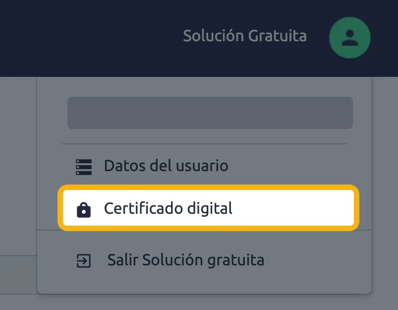 Menú Solución Gratuita con Certificado digital resaltado