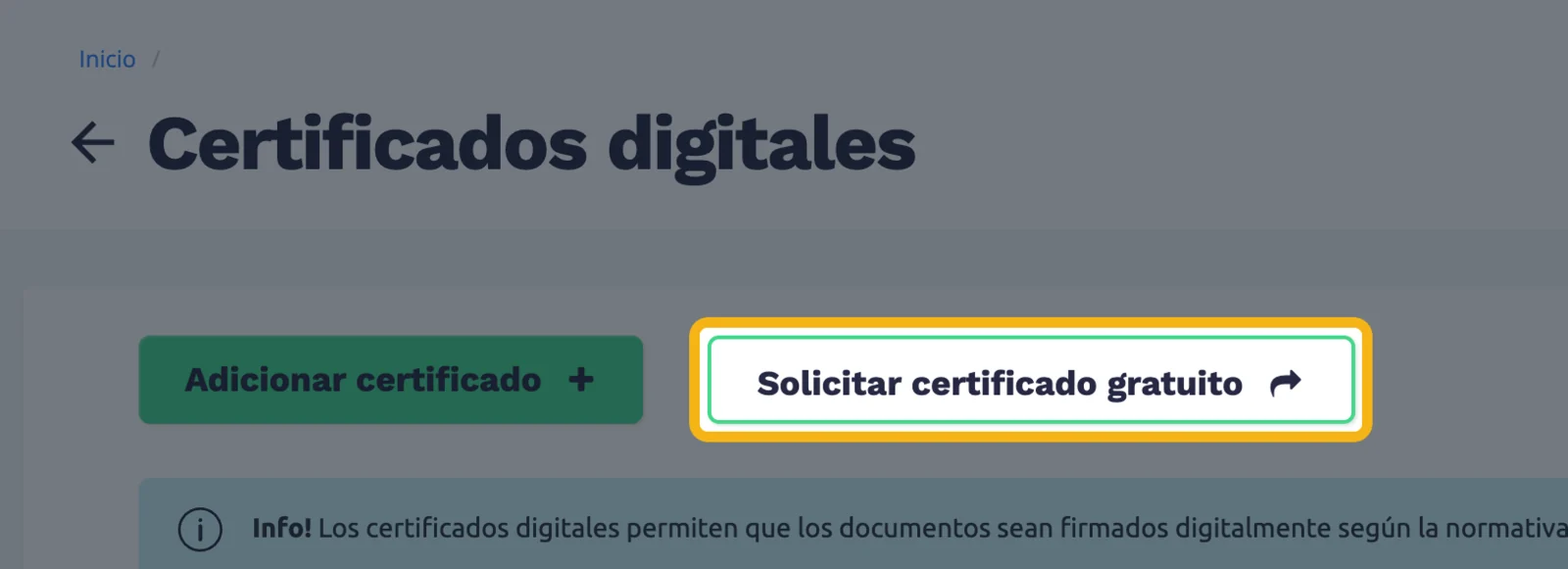 Certificados digitales con el botón Solicitar certificado gratuito resaltado