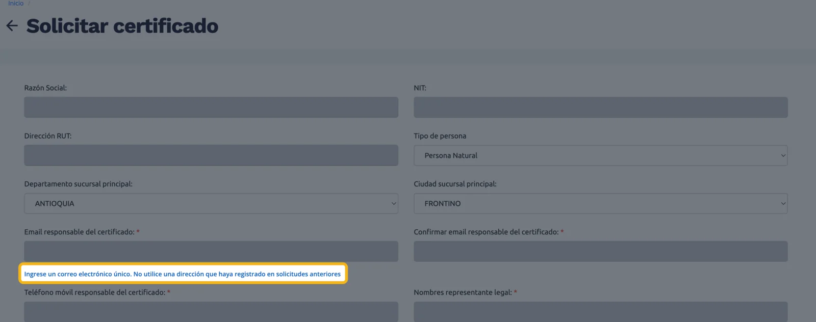 Parte de arriba del formulario Solicitar certificado con el aviso de correo único resaltado