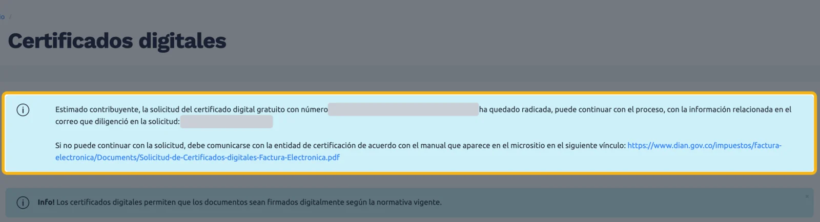 Mensaje azul de la DIAN: la solicitud del certificado digital gratuito quedó radicada