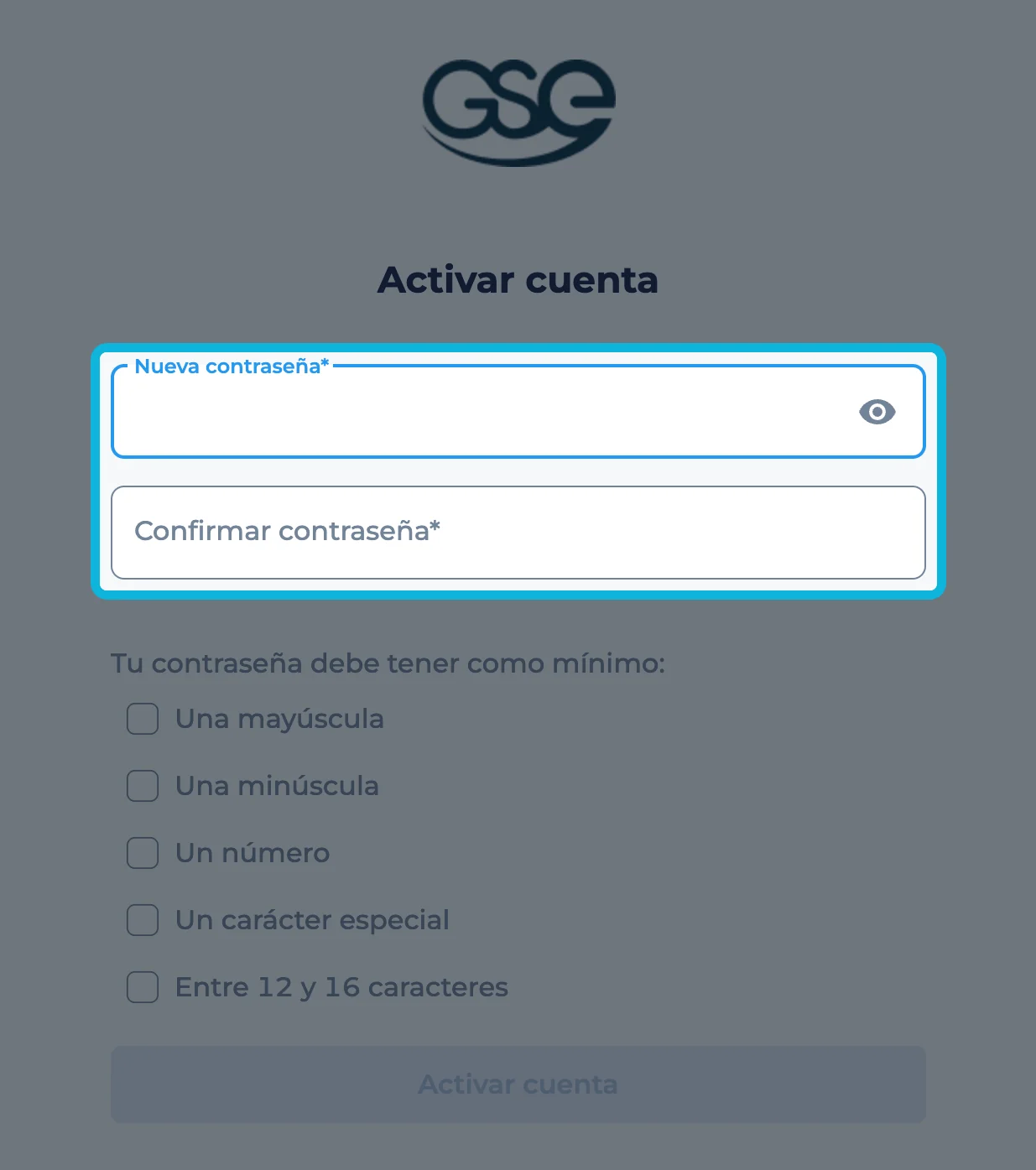 Página Activar cuenta de GSE con los dos campos de contraseña resaltados