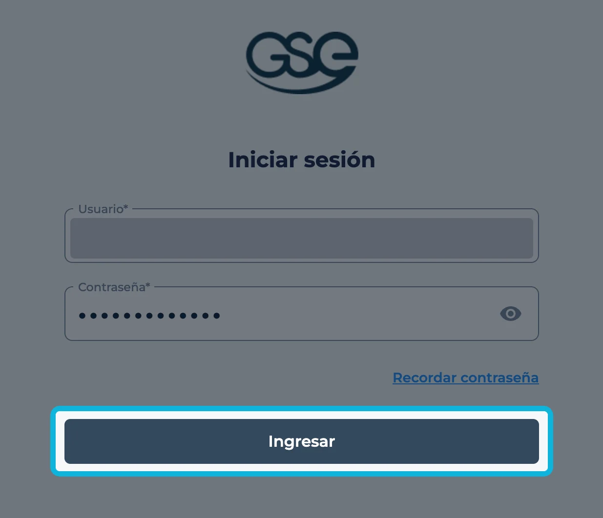 Inicio de sesión de GSE con el botón Ingresar resaltado