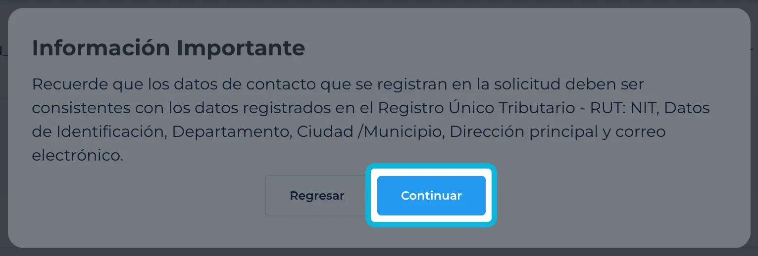 Aviso Información importante con el botón Continuar resaltado