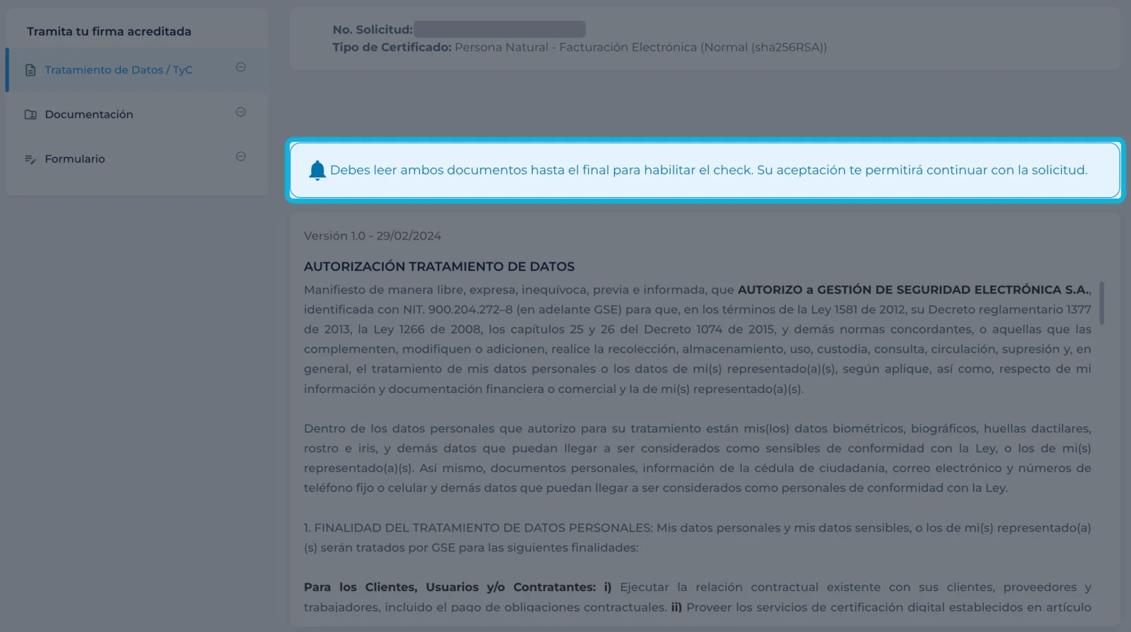 Aviso: debes leer ambos documentos hasta el final para habilitar el check