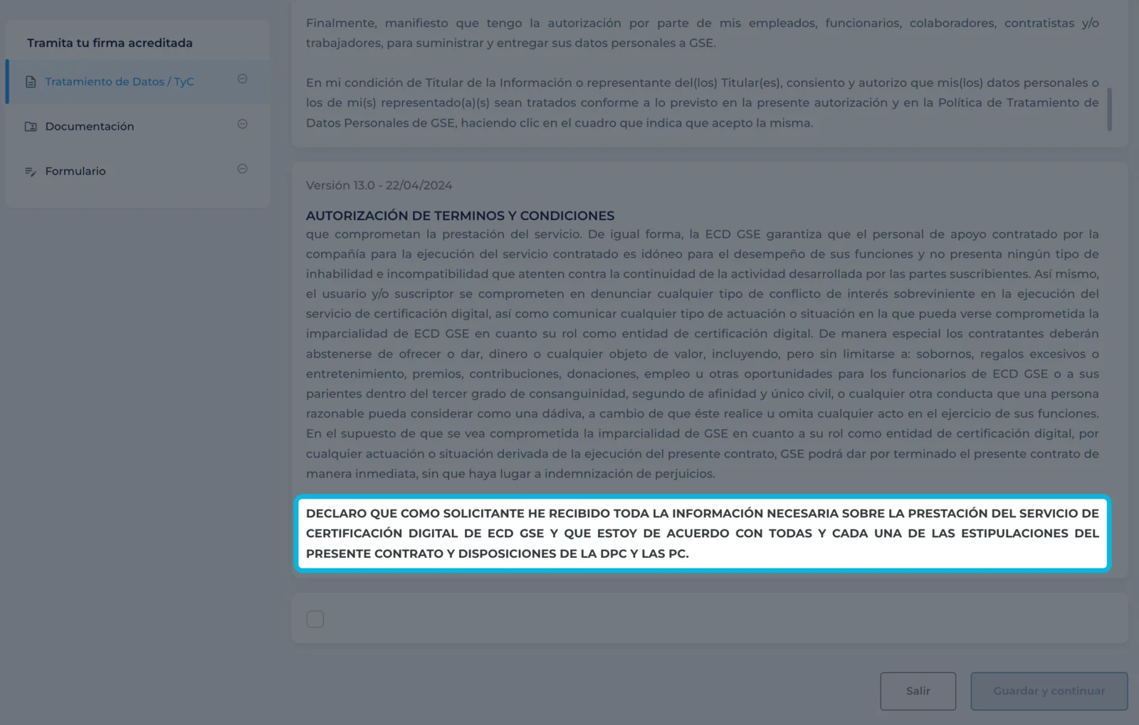 Final del texto de términos y condiciones resaltado