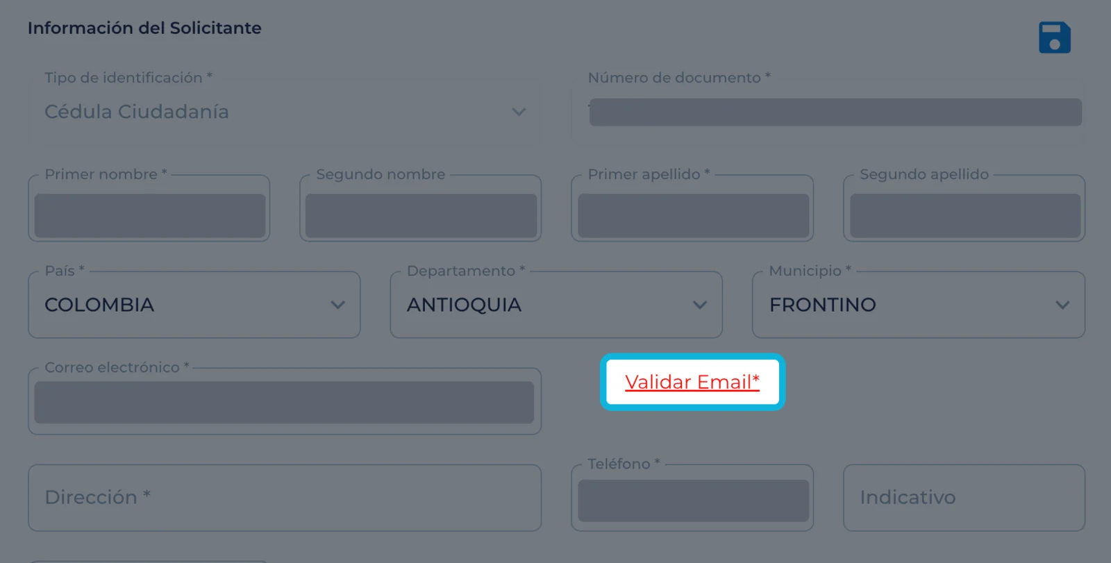 Formulario Información del solicitante con el enlace rojo Validar Email resaltado