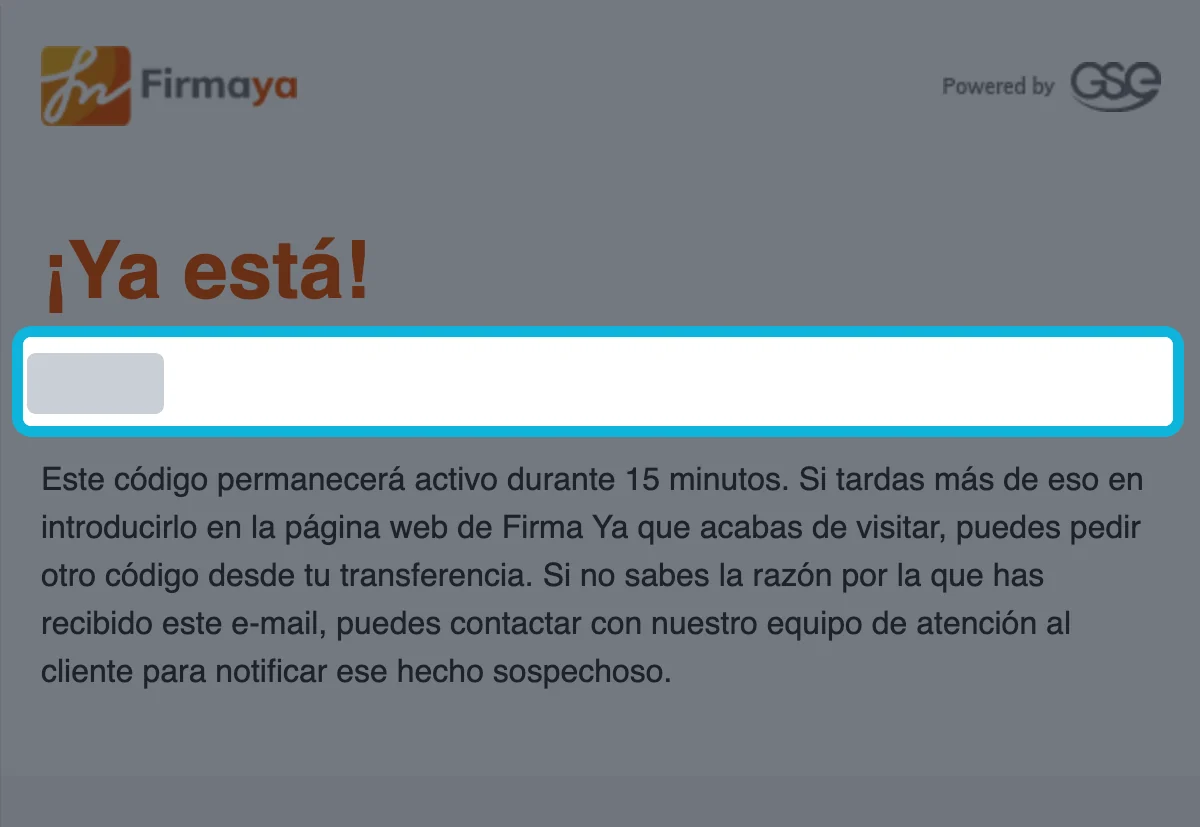 Correo de Firmaya con el código de 6 dígitos resaltado (tapado en la captura)