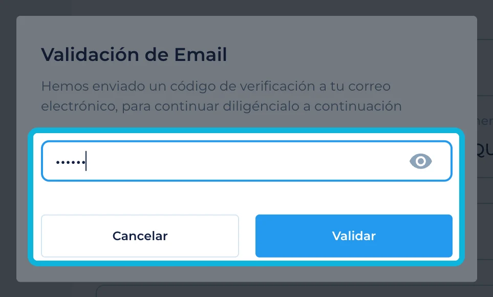 Recuadro Validación de Email con el código escrito y el botón Validar resaltados