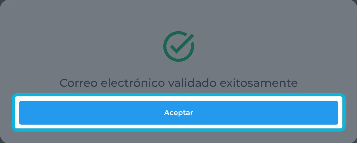 Mensaje Correo electrónico validado exitosamente con el botón Aceptar resaltado