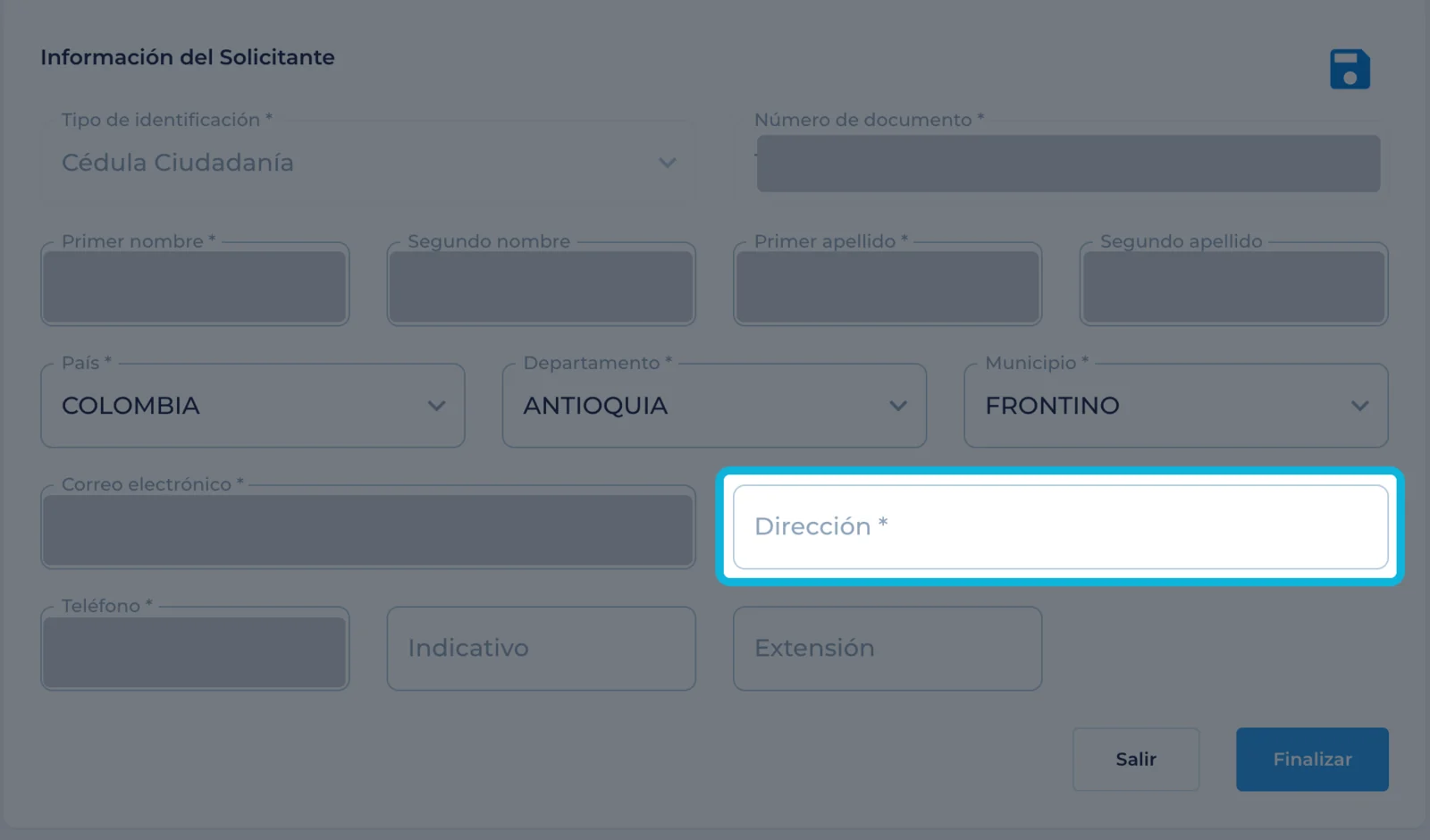 Formulario con el campo Dirección vacío resaltado