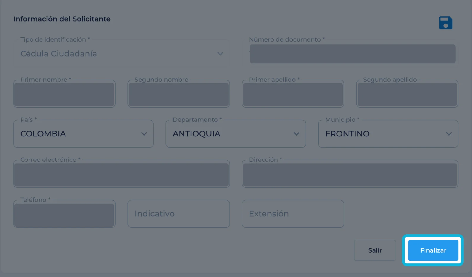 Formulario completo con el botón Finalizar resaltado