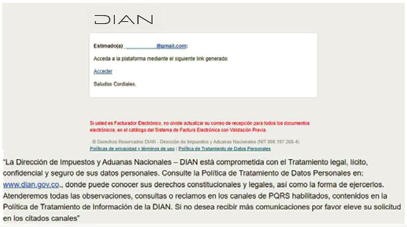 Correo de la DIAN con el botón Acceder para validar el ingreso