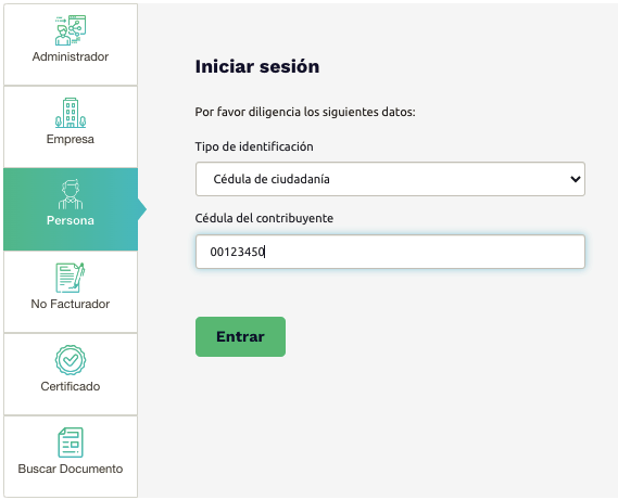 Selector Persona / Empresa en el formulario de inicio de sesión de la DIAN