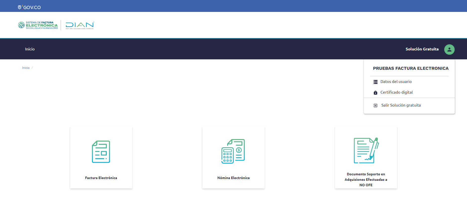 Menú con la opción Certificado digital dentro de Solución Gratuita