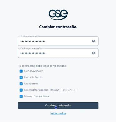 Pantalla de GSE para definir nueva contraseña con los requisitos visibles