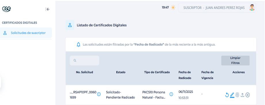 Listado de certificados digitales en GSE con el icono del lápiz para editar