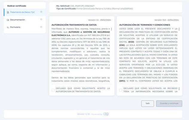 Pantalla de aceptación de tratamiento de datos y términos en GSE